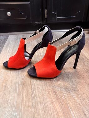 Zara Basic Navy & Orange Colorblock Open Toe Stiletto Heels Size 8